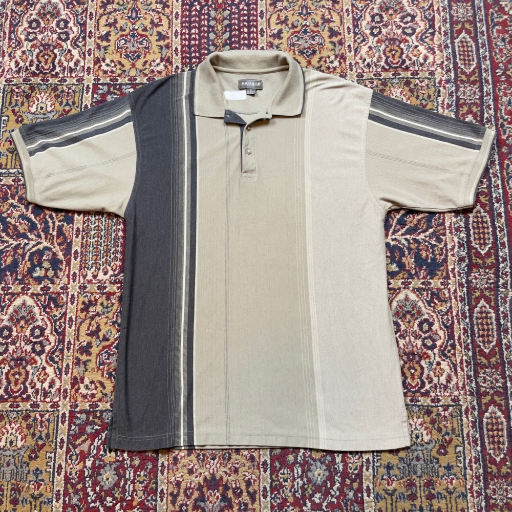 Knights Sportswear Mens‎ XL Beige Gray Stripe Polo Shirt Short Sleeve Button Up